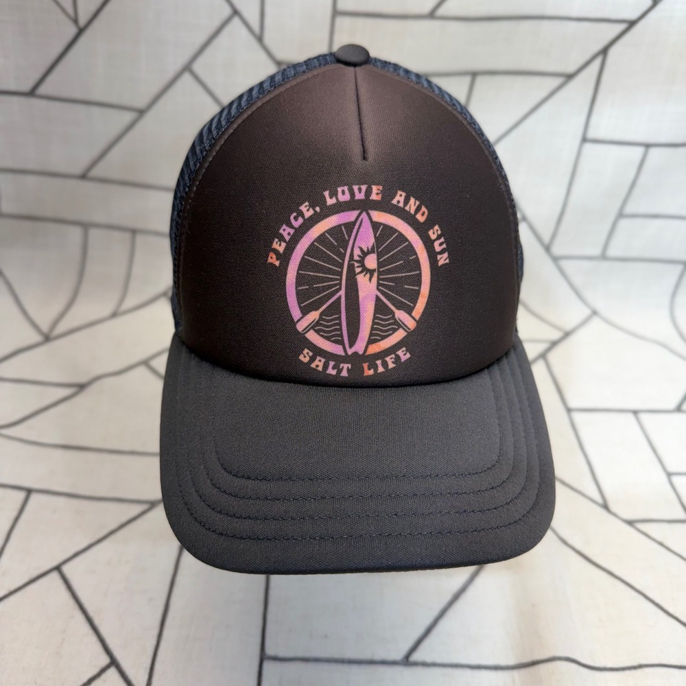 Salt Life Trucker Hat One Size Black Peace Love Sun Surfboard Mesh Snapback